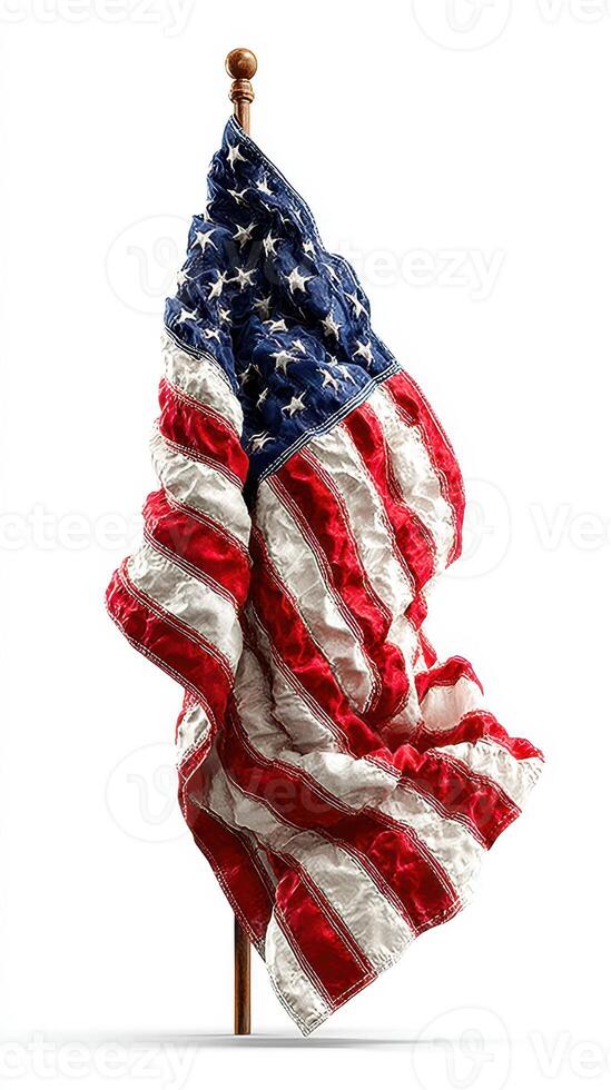 Waving American flag displaying vibrant colors and textured fabric against a simple background photo