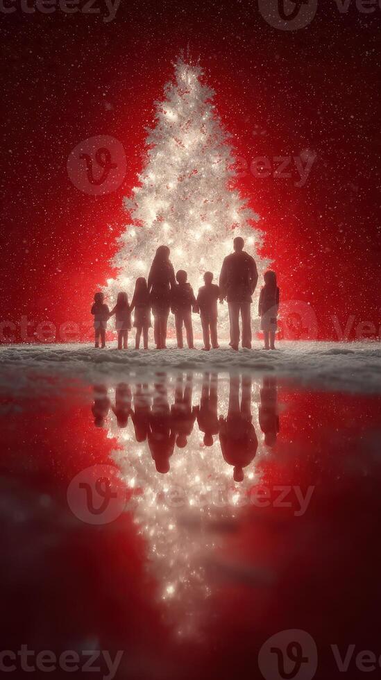 Family gathers by glowing Christmas tree during festive winter celebration at nighttime photo