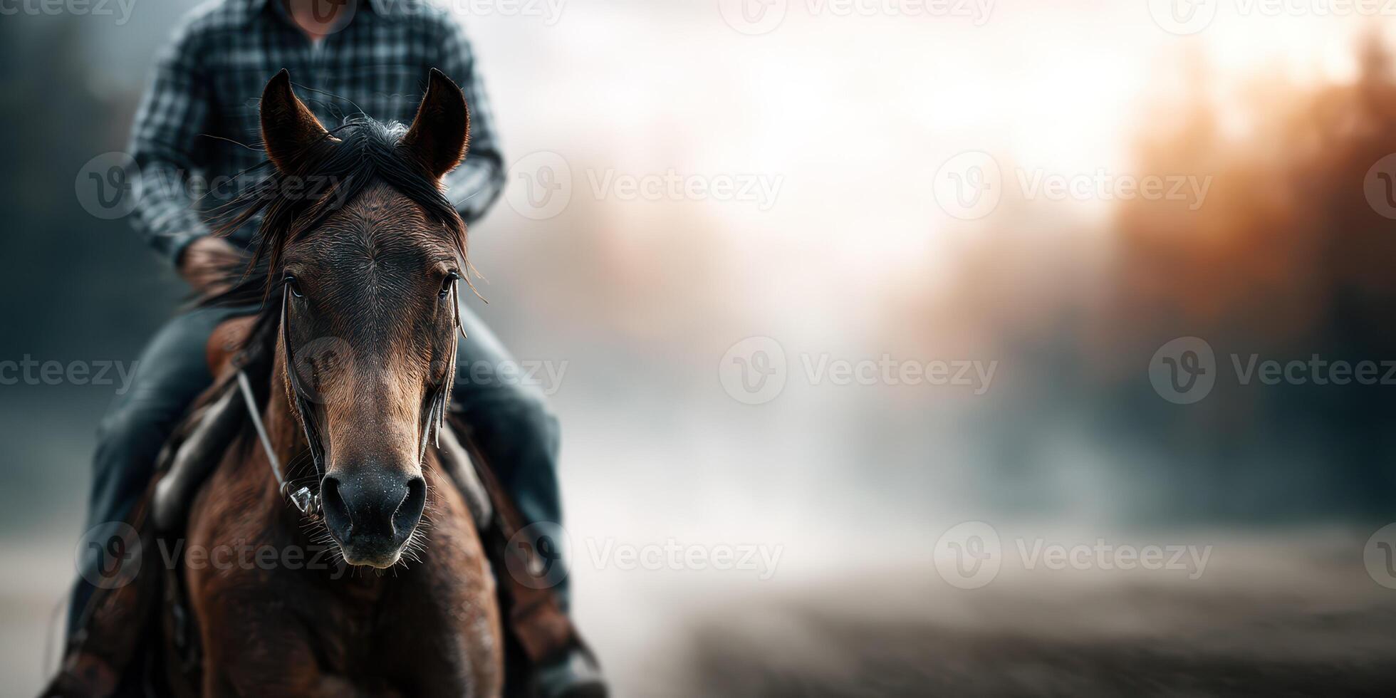 Rider on a horse in a misty landscape at dawn with warm sunlight filtering through trees photo