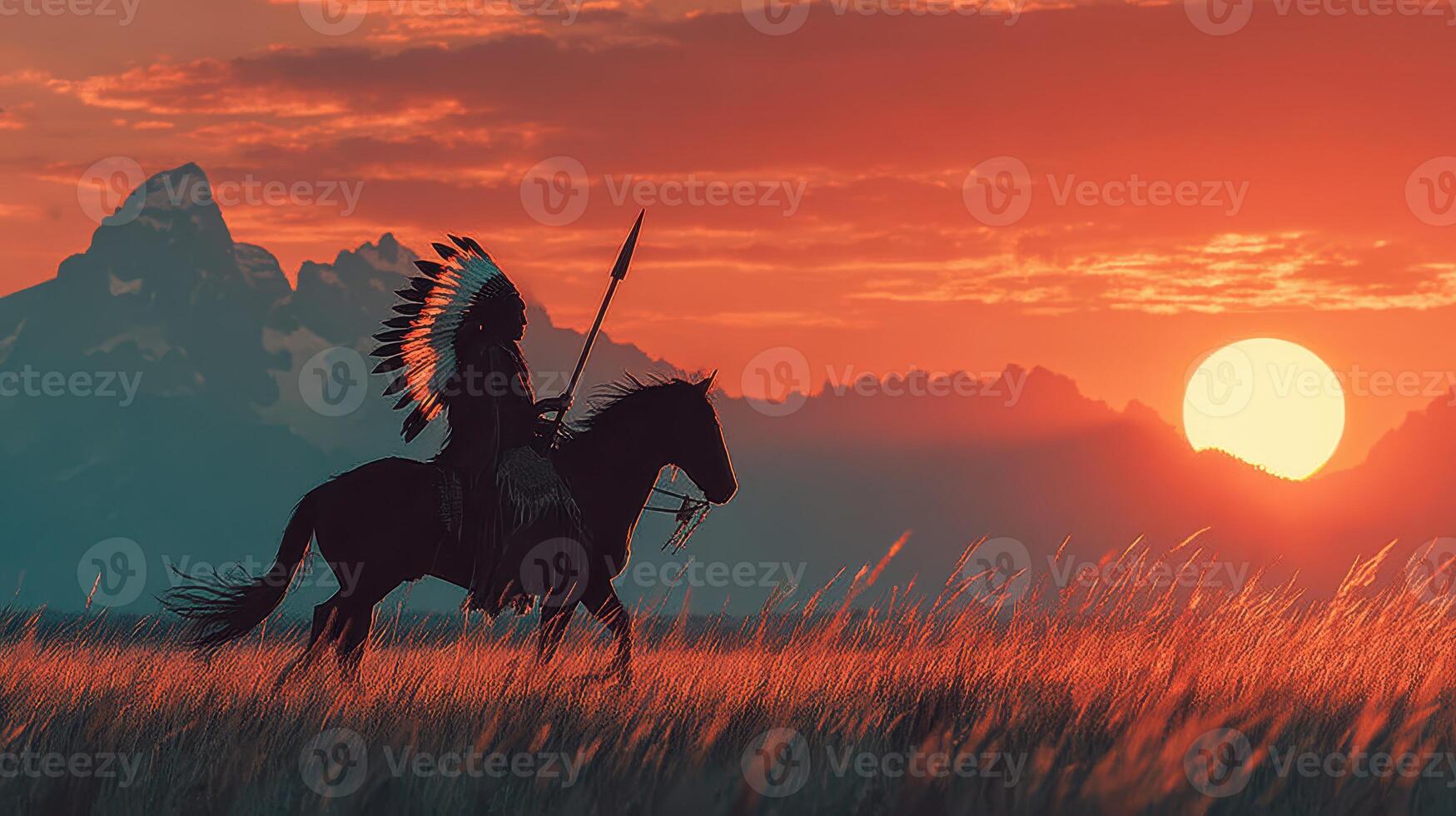 Indigenous rider silhouetted against a stunning sunset in a mountainous landscape photo