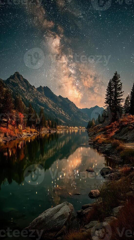 Starlit river reflecting mountains under a clear night sky in a tranquil wilderness setting photo