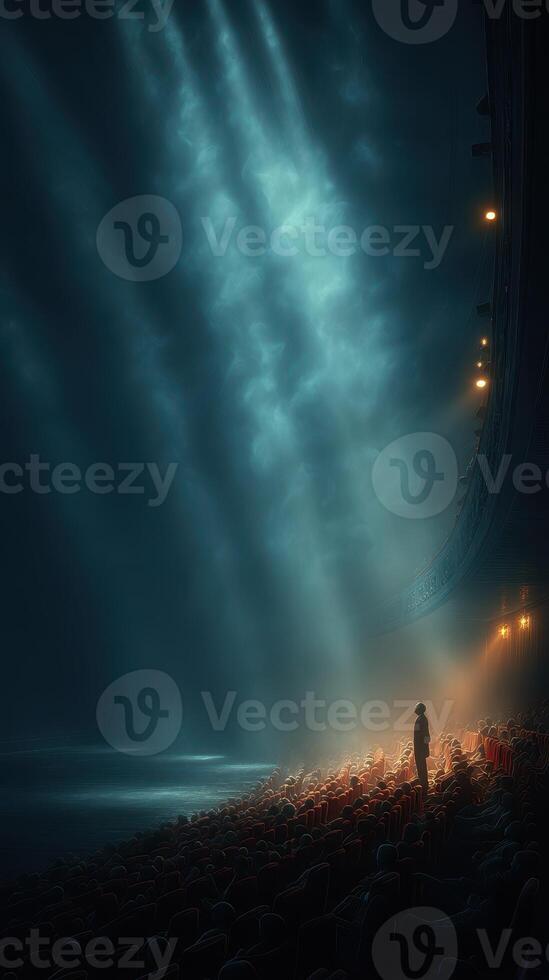 Dramatic lighting showcases a lone figure on stage in an empty theater during a nighttime performance photo
