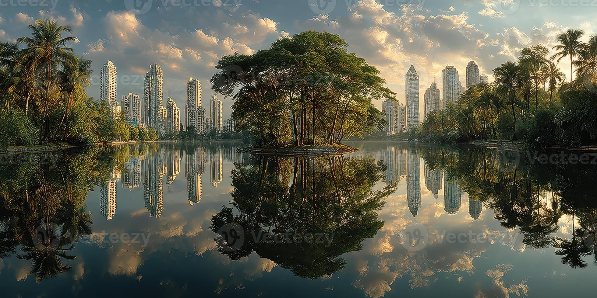 Urban skyline reflects in calm lake surrounded by lush greenery under a dramatic sky at sunset photo