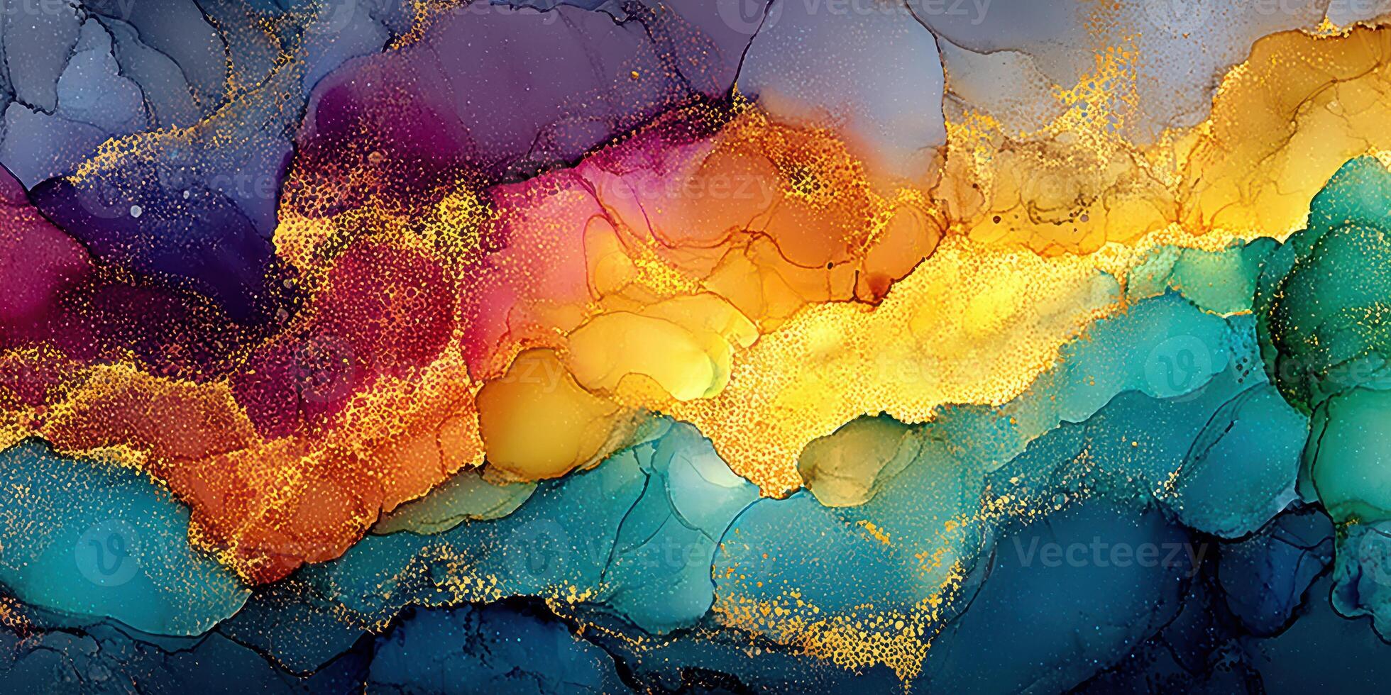 Abstract art composition in vibrant colors showcasing fluid shapes and textures with metallic accents photo