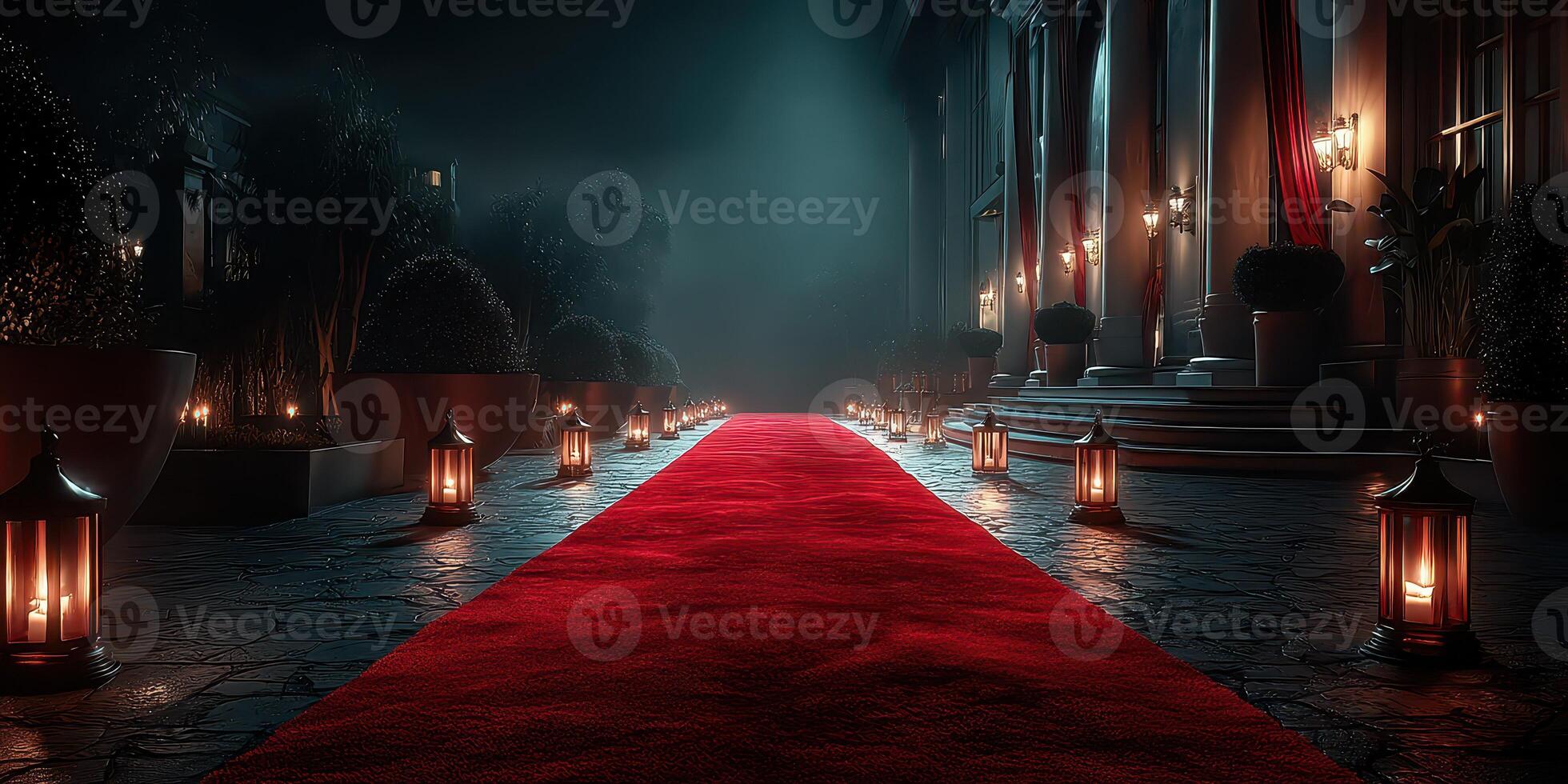 Red carpet lined with lanterns leading to an elegant building at night photo