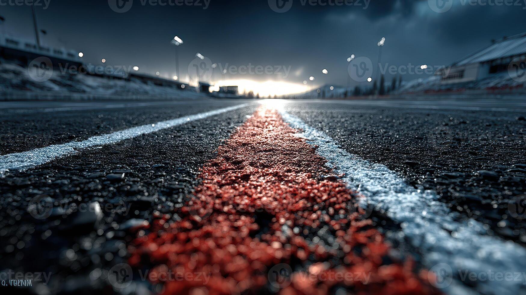Track stretches into the horizon under a moody sky as light breaks at dusk photo