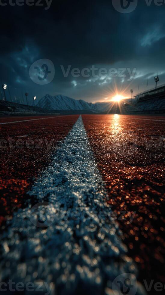 Sunset over the running track with mountains in the background during a stormy evening at the sports complex photo