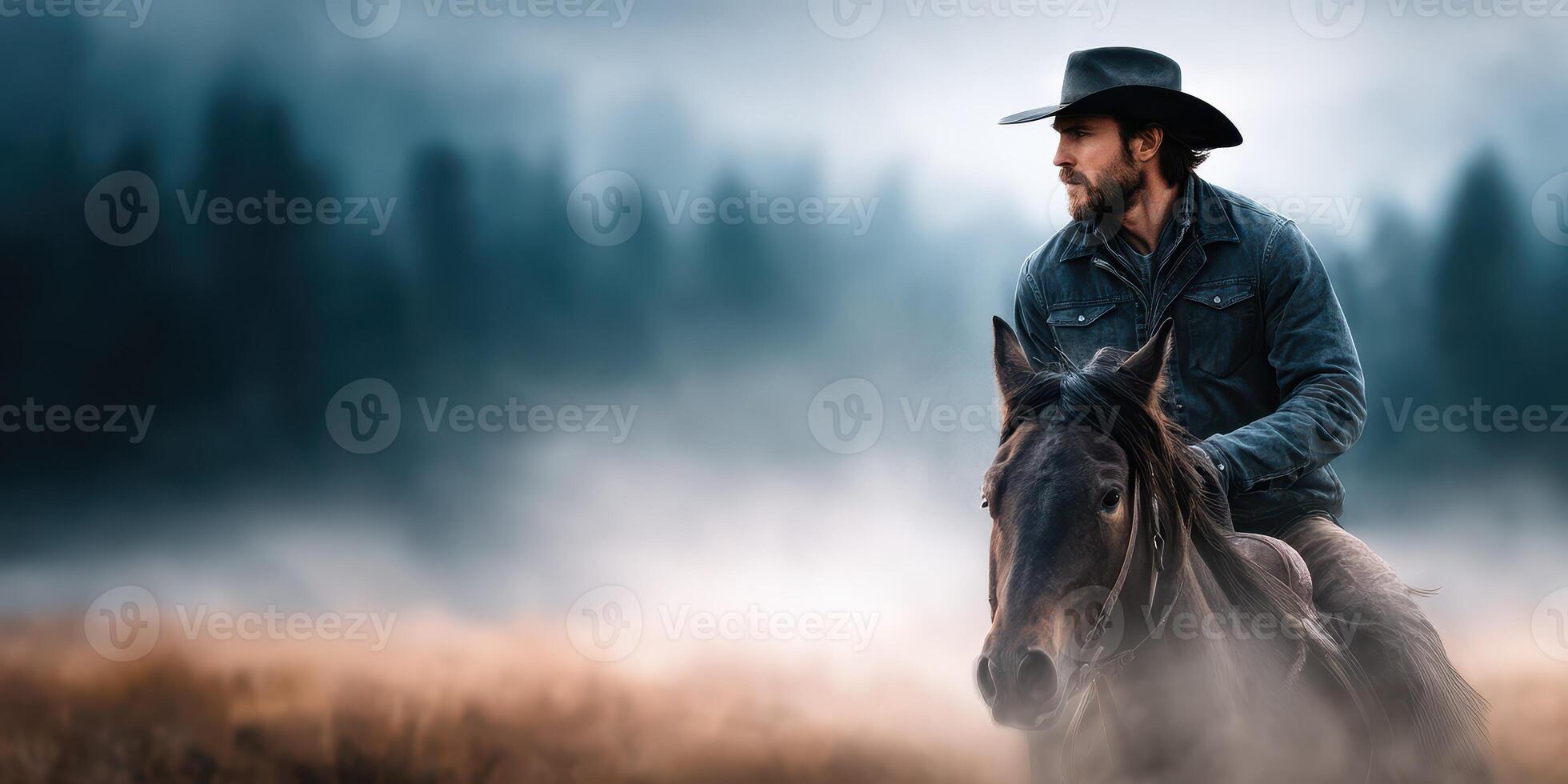 Cowboy rides horse through misty landscape in early morning light surrounded by trees and fields photo