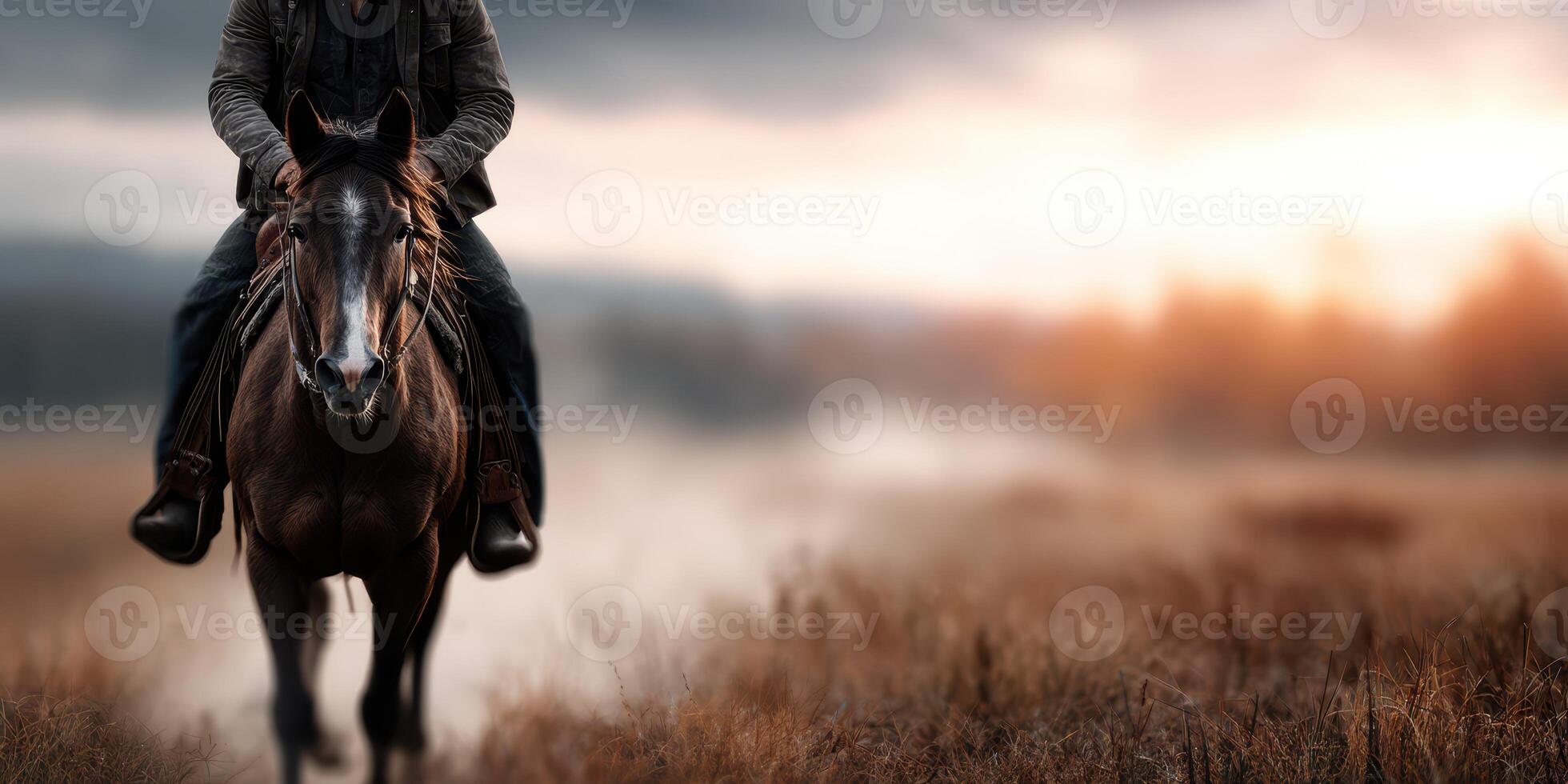 Rider on horseback traverses a serene landscape at dusk with warm colors illuminating the sky photo