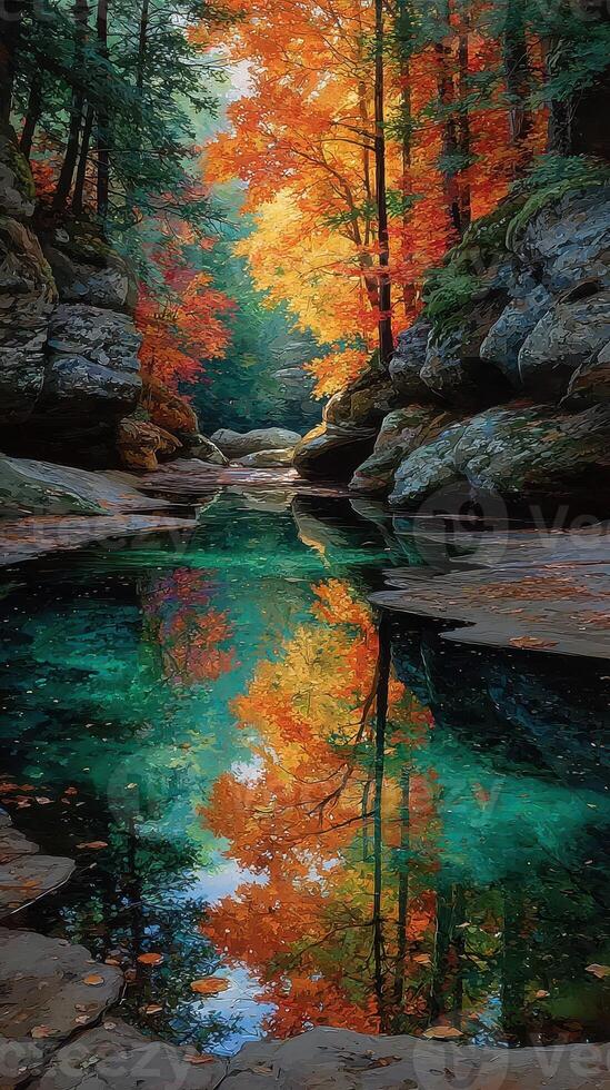 Stunning autumn landscape with colorful foliage reflecting in serene water at a tranquil location in nature photo