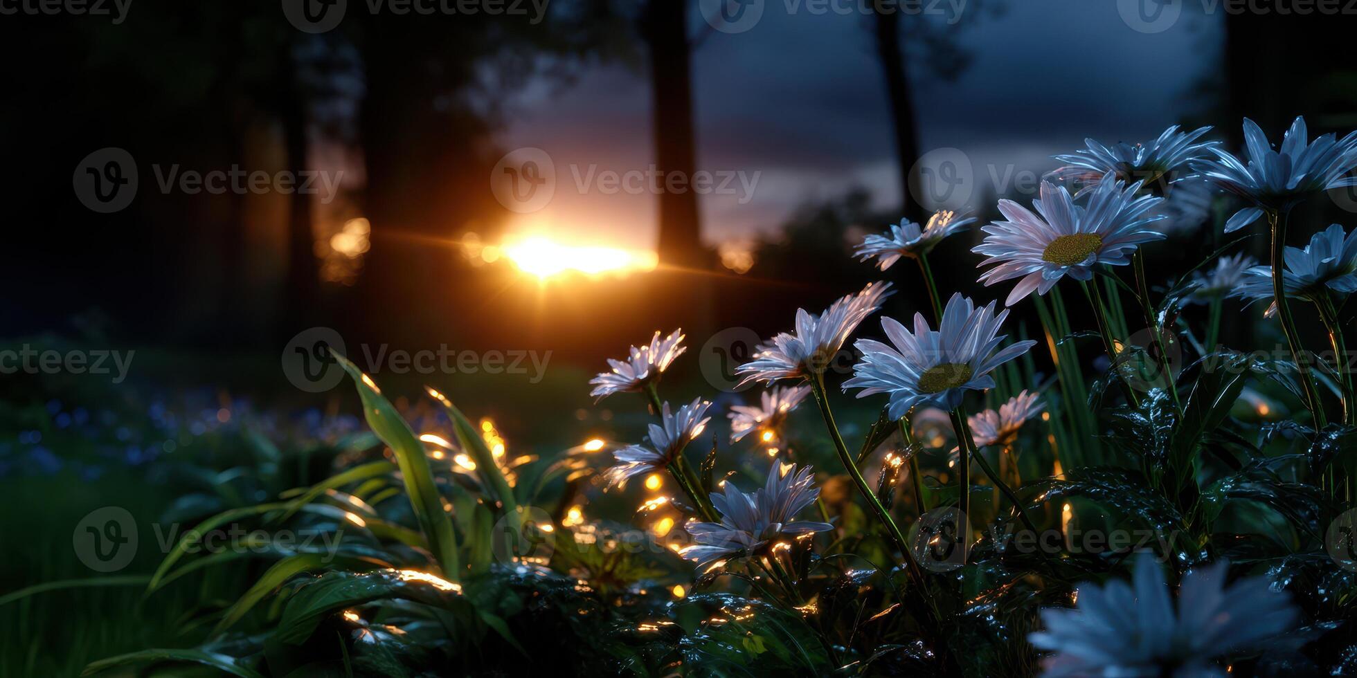 Beautiful sunset illuminates blooming daisies in a serene garden setting during twilight hours photo