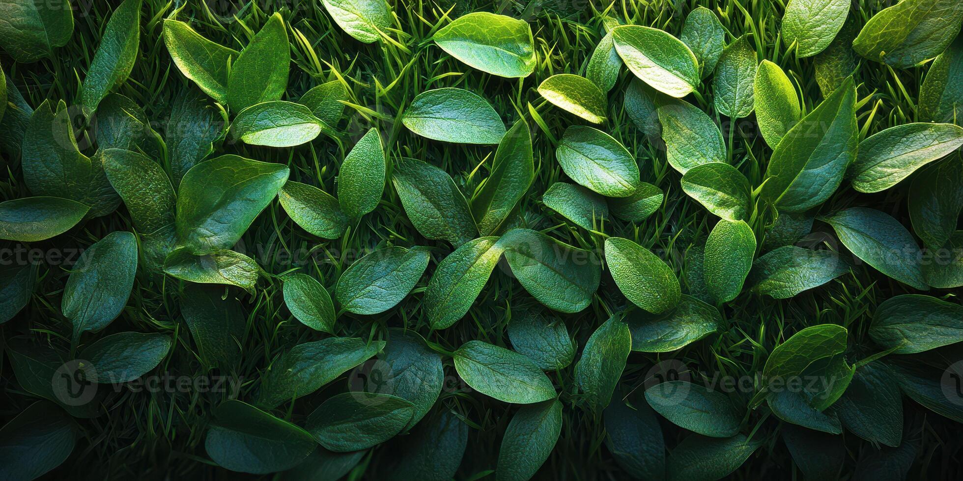 Lush green leaves cover the ground in a serene setting at midday, showcasing the beauty of nature in a vibrant and lively atmosphere photo