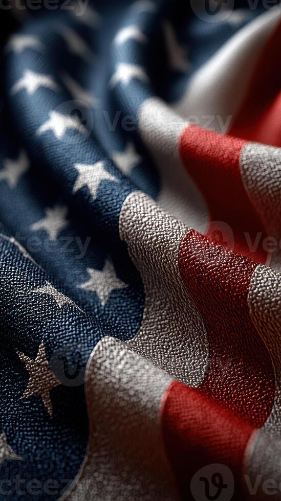 American flag fabric close-up showcasing detailed texture and colors on a soft textile background photo