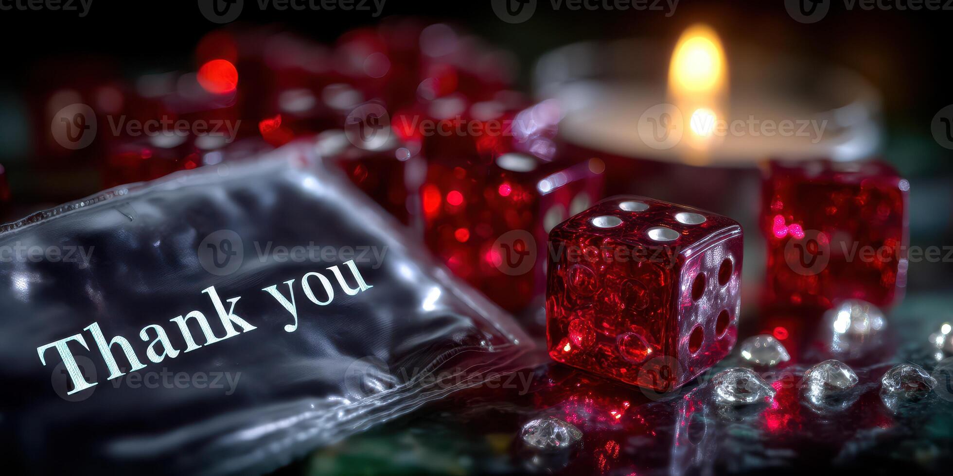 Red dice and glowing candle create a cozy atmosphere for a gathering with a heartfelt thank you message photo