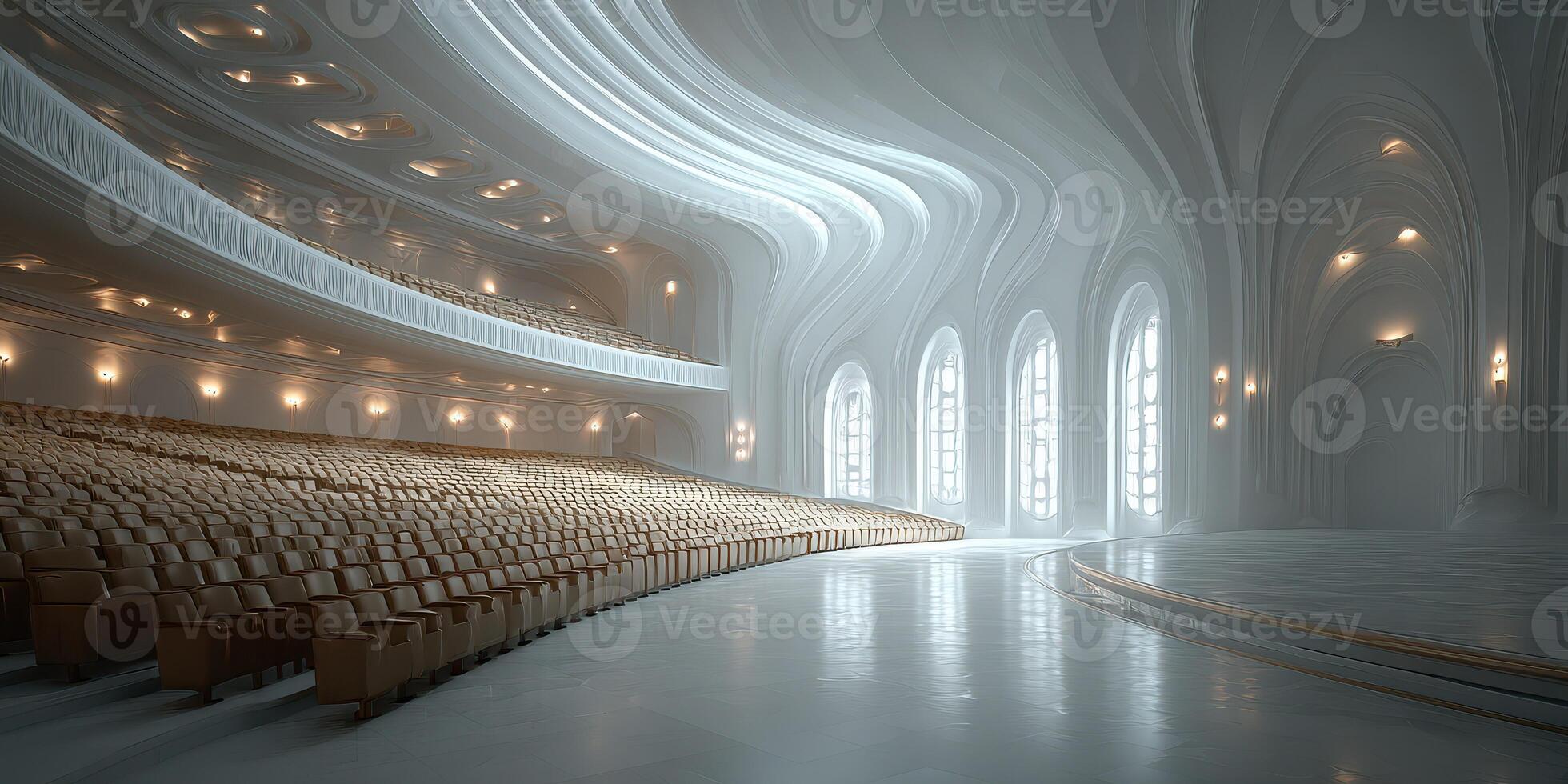 Elegant concert hall interior featuring curved architectural design and natural light photo