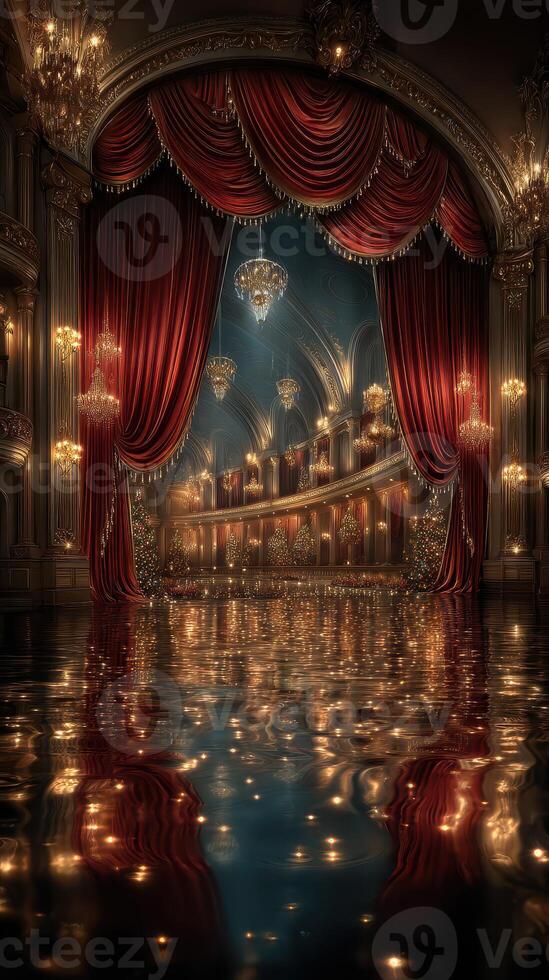 Elegant theater interior with reflective floor and luxurious decor at night photo