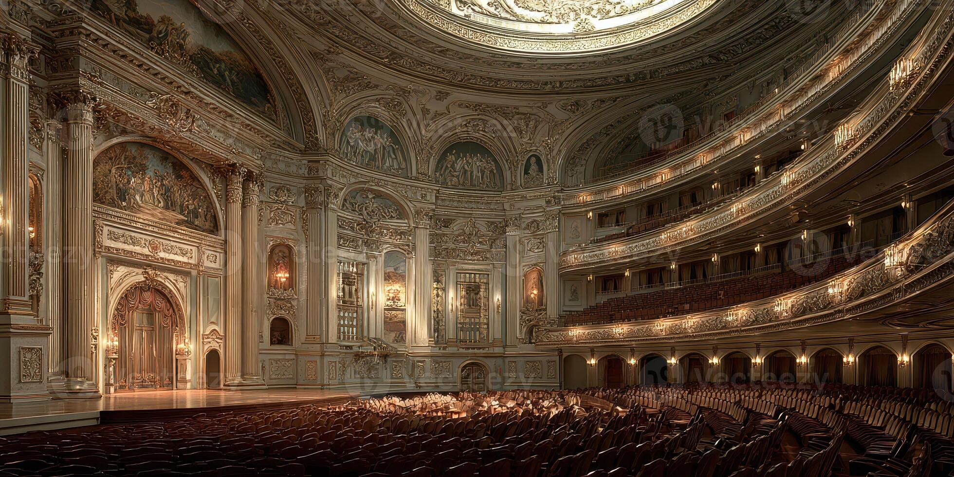 Elegant interior of an ornate theater showcasing historical architecture and decorative details during a performance night photo