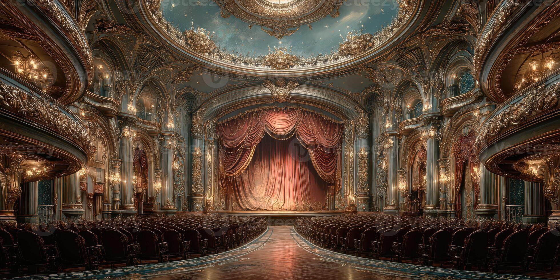 Elegant theater interior with ornate decorations and stage curtains in a grand setting at dusk photo