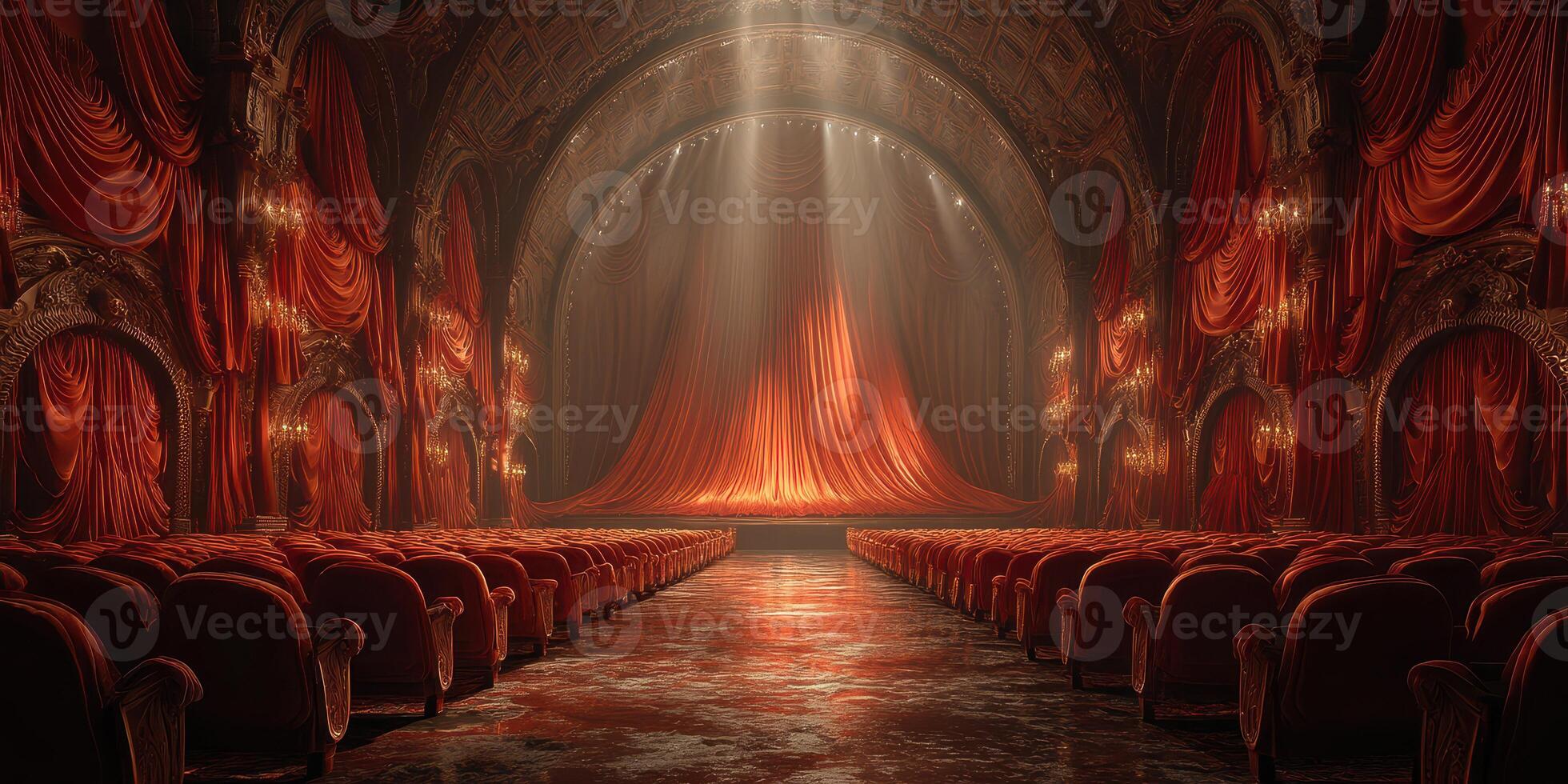 Empty theater with red velvet curtains and dramatic lighting, inviting anticipation for a grand performance photo