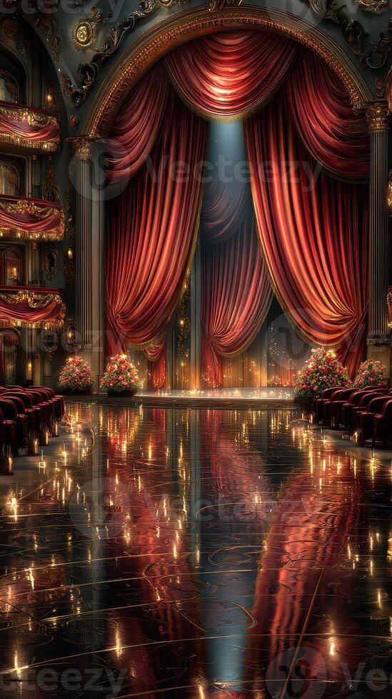 Elegant theater stage with red curtains and illuminated floor awaits performance in a grand venue photo