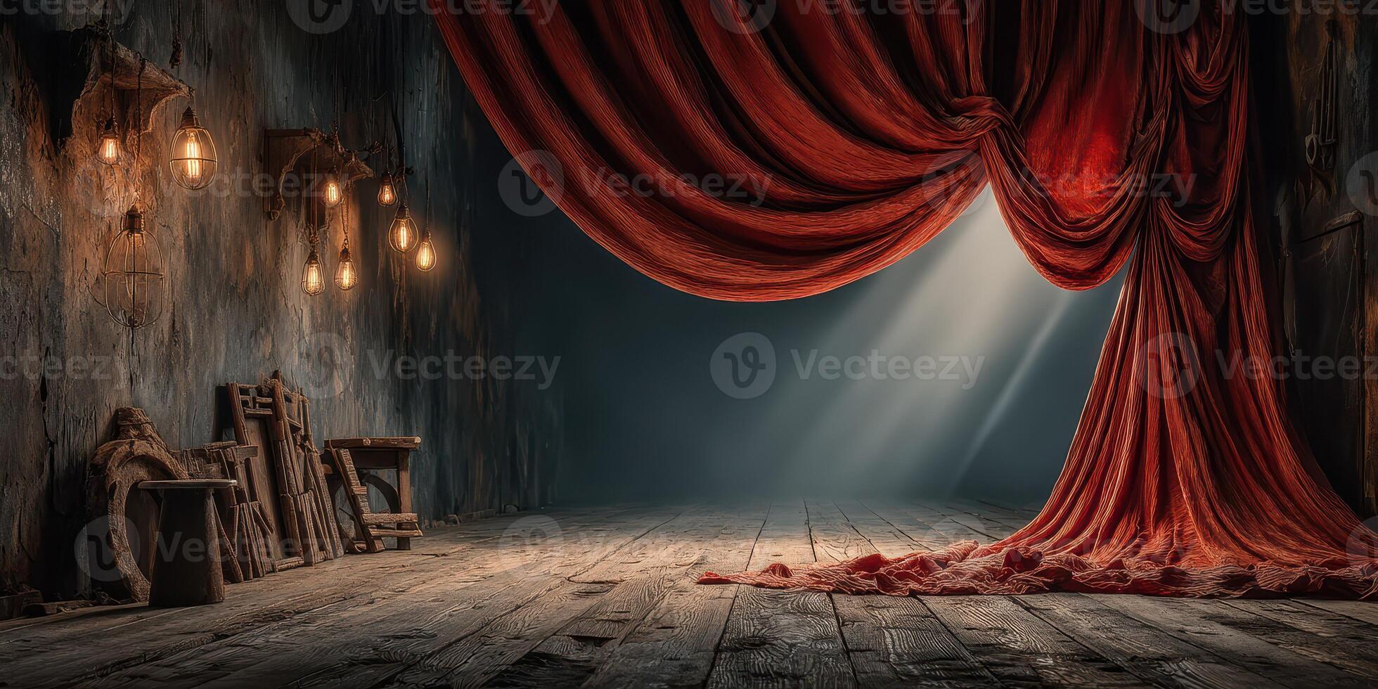 Dimly lit theater stage with dramatic red curtains and warm lanterns creating an inviting atmosphere for a performance photo