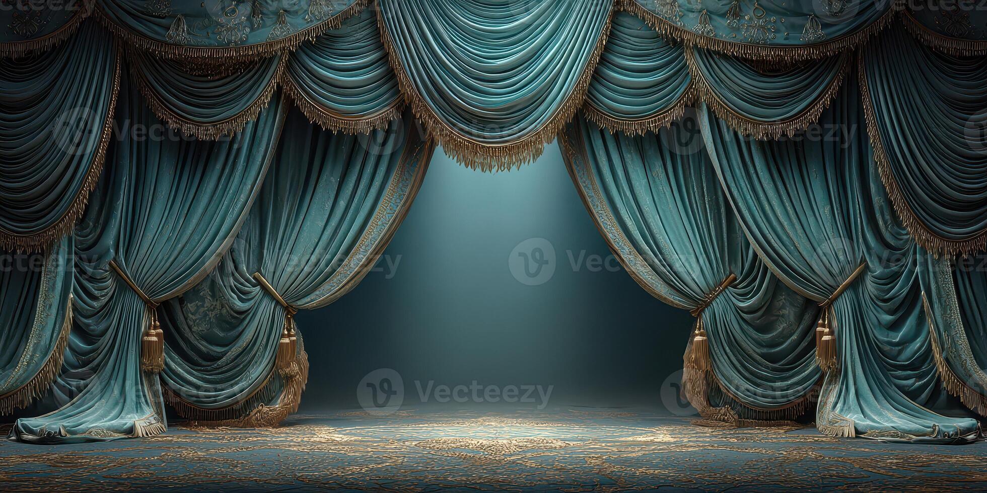 Elegant theater drapery setting the stage for a performance in an ornate venue at dusk photo