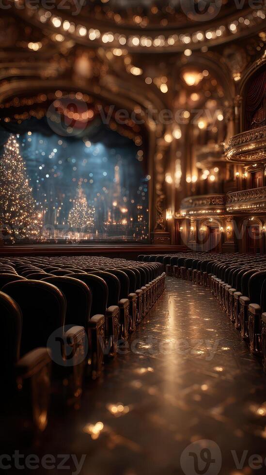 Empty theater prepares for a magical holiday performance with enchanting decorations and warm lighting photo