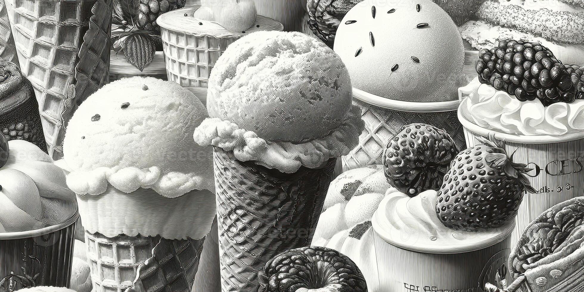 Indulging in desserts at a summer ice cream festival featuring various cones, scoops, and toppings in a vibrant outdoor market photo