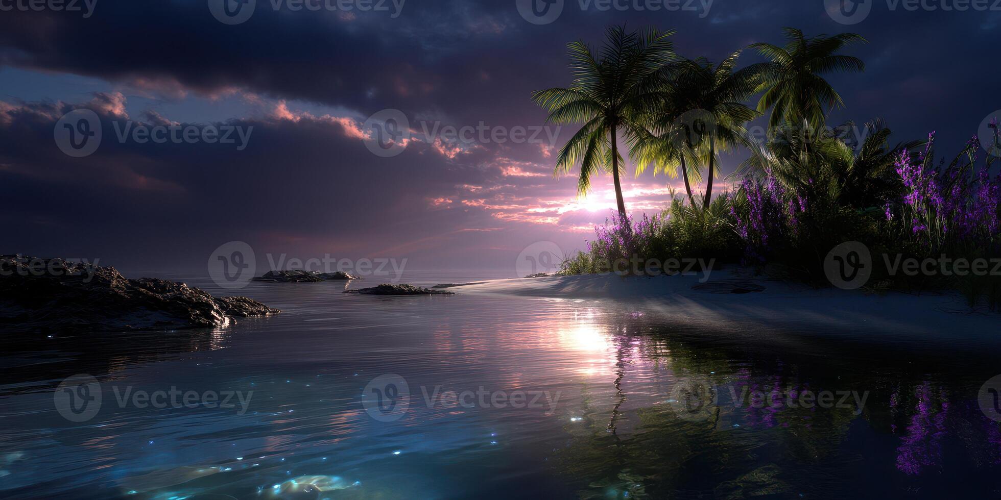 Serene sunset over tropical beach with palm trees and vibrant flowers reflecting on calm water photo