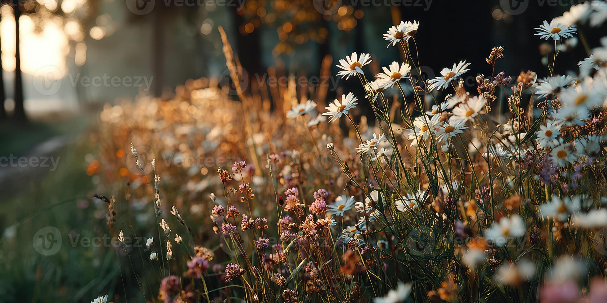 Colorful wildflowers bloom in a serene field during golden hour near a tranquil lake photo