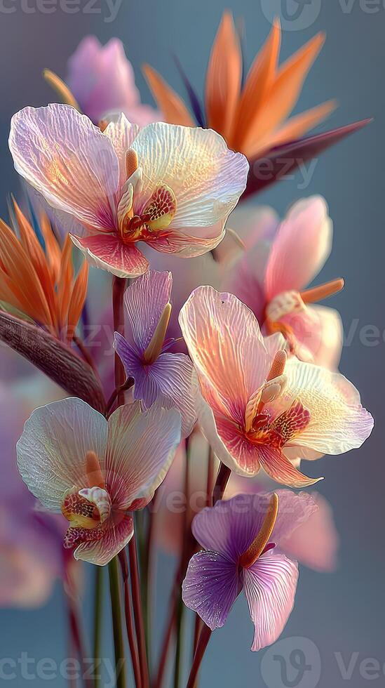 Vibrant flowers in bloom showcase delicate petals in an artistic arrangement set against a soft background photo