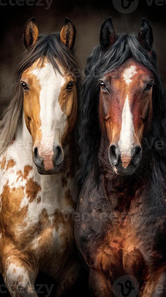 Horses displaying unique patterns and textures in a close-up portrait showcasing their majestic features and expressions photo