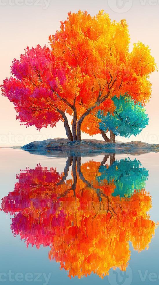 Vibrant autumn trees reflecting in calm waters during sunset at a serene lake photo