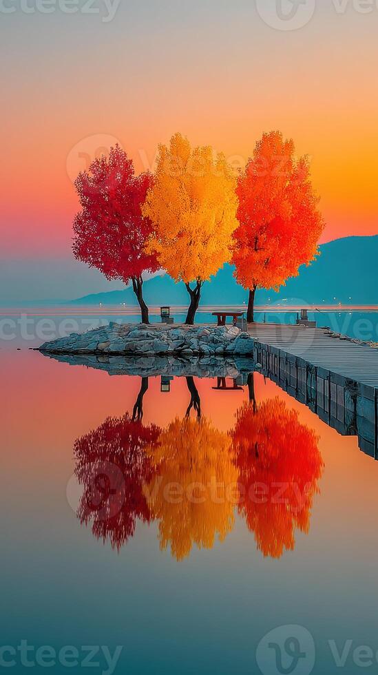 Colorful autumn trees reflect on calm lake at sunset near serene wooden pier in peaceful rural setting photo