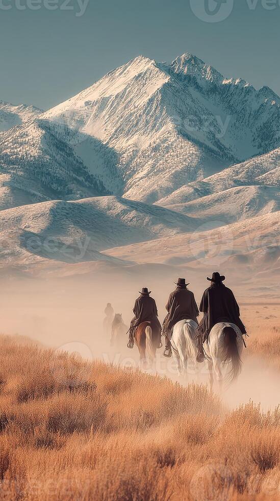 Riders on horseback traverse a dusty trail in the mountains during sunset in a remote landscape photo