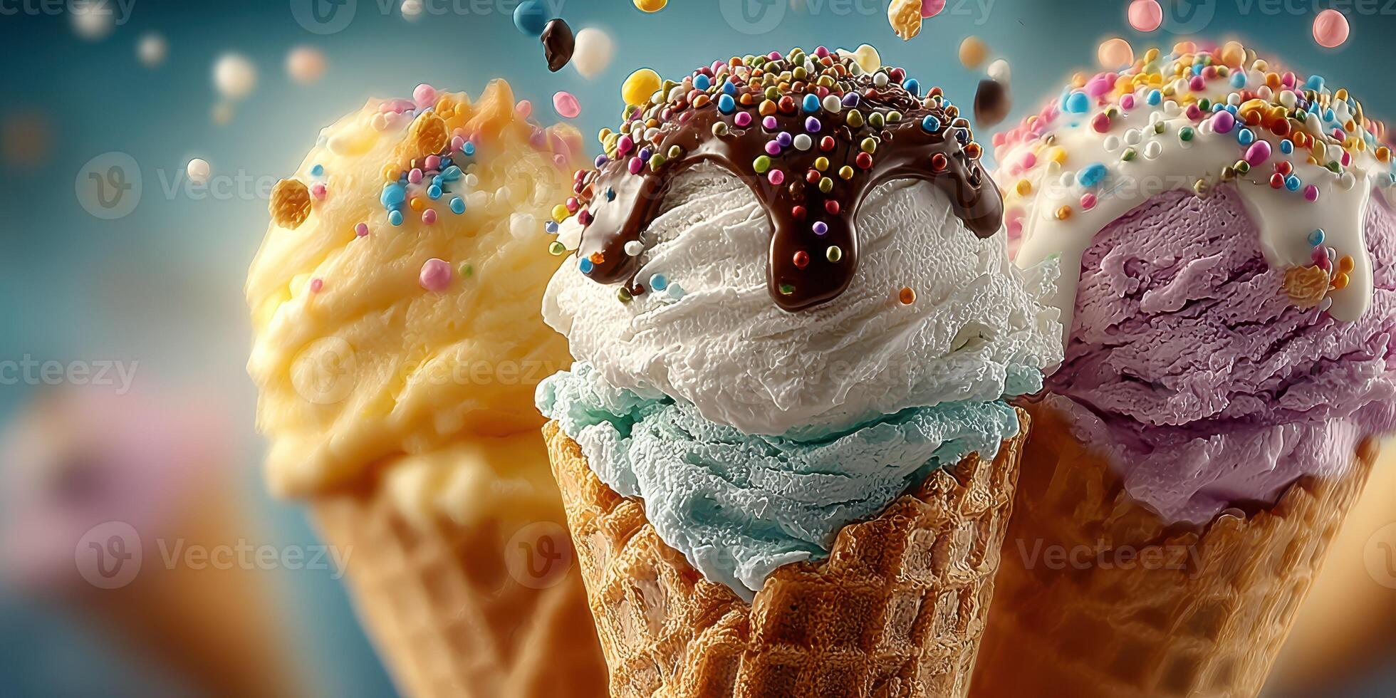 Delicious ice cream cones topped with sprinkles and chocolate sauce enjoyed on a warm summer day photo