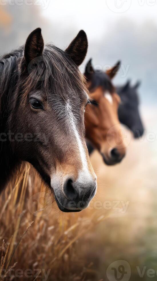 Horses standing in a field during early morning with soft light and fog in the background photo