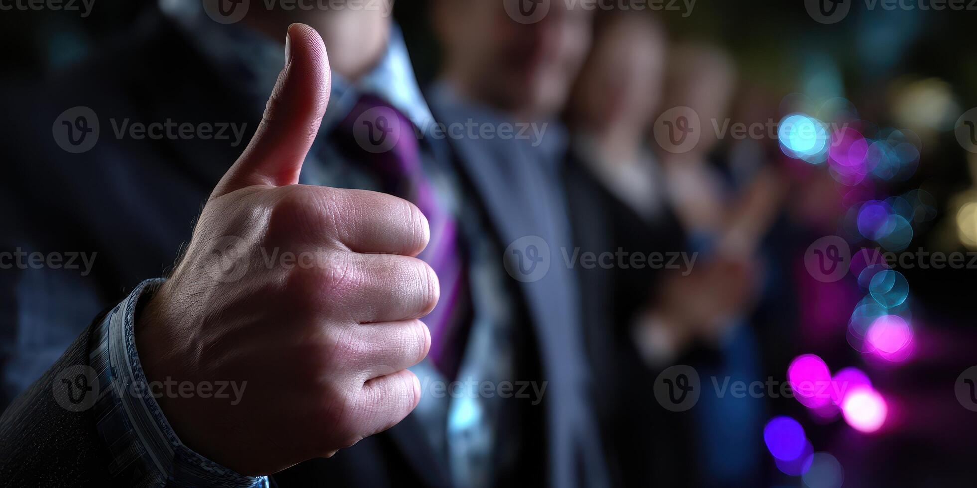 Thumbs up gesture at a festive gathering with blurred party background in the evening photo