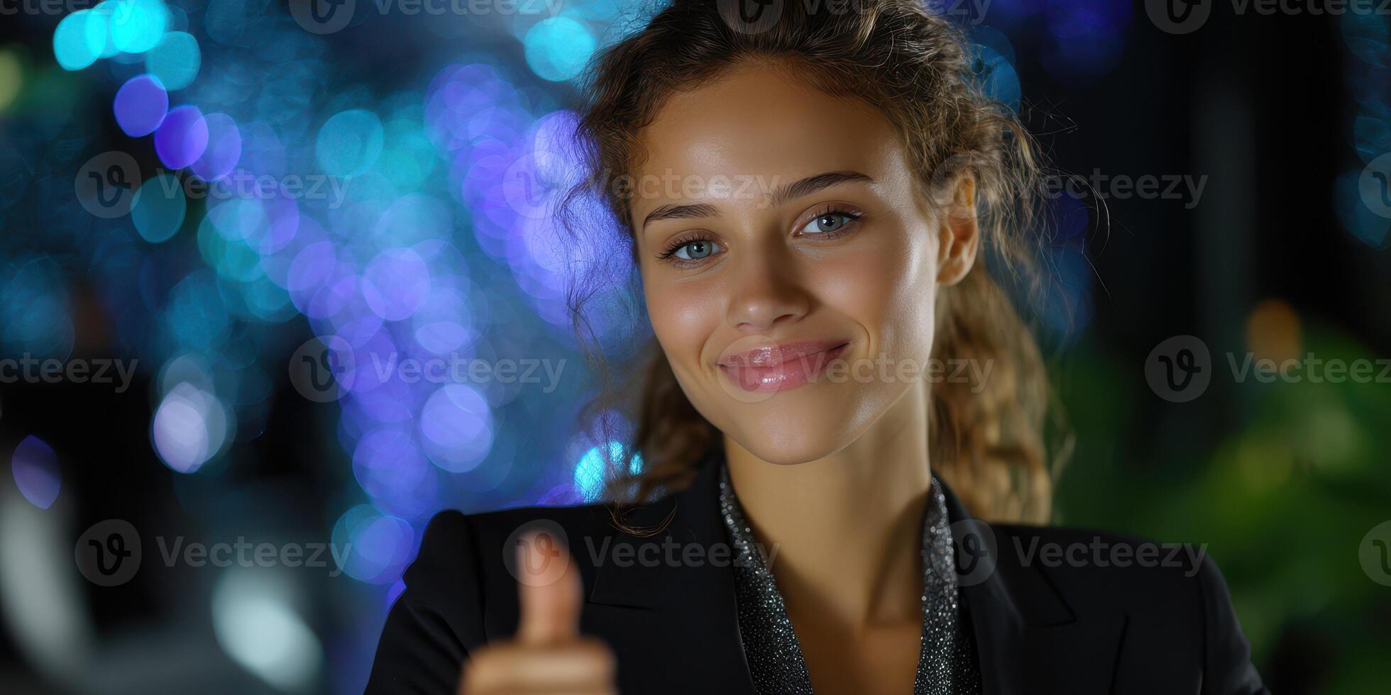 Beautiful woman smiling and giving a thumbs up in a vibrant atmosphere with colorful lights at a social gathering photo