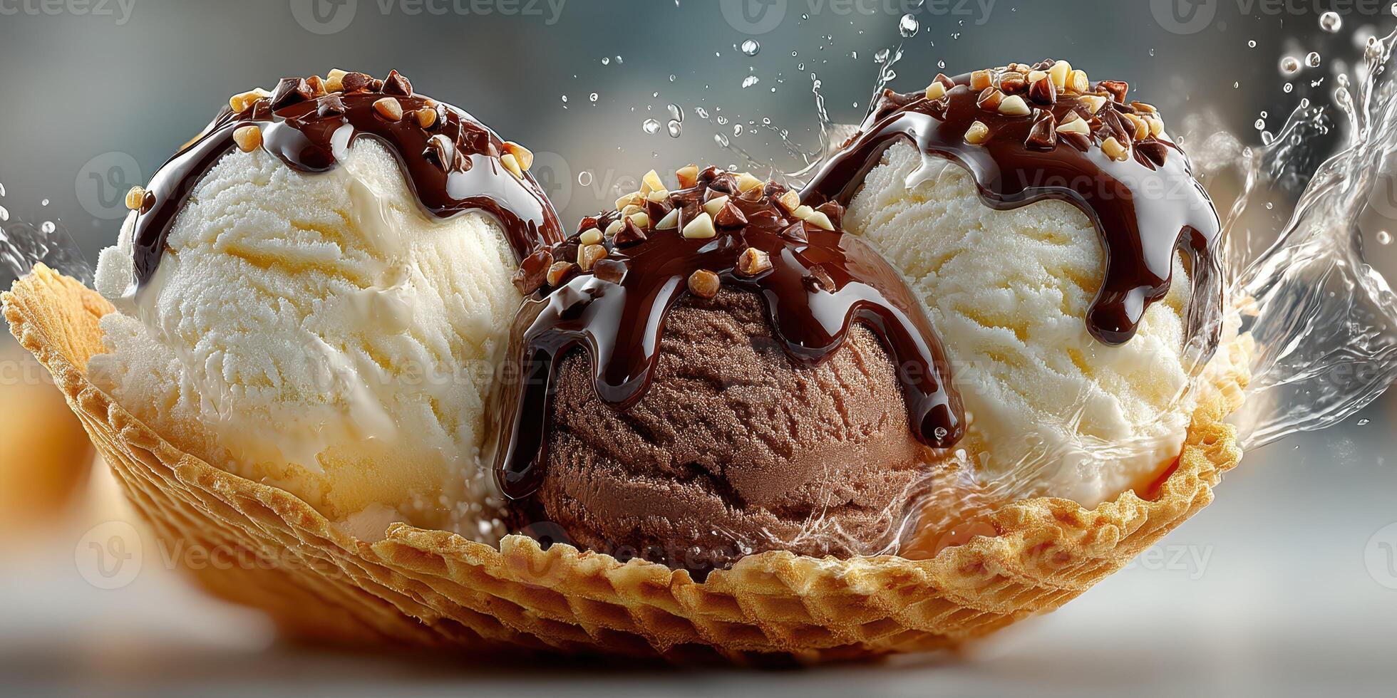 Delicious ice cream served in a waffle bowl with chocolate syrup and nuts at a summer gathering photo