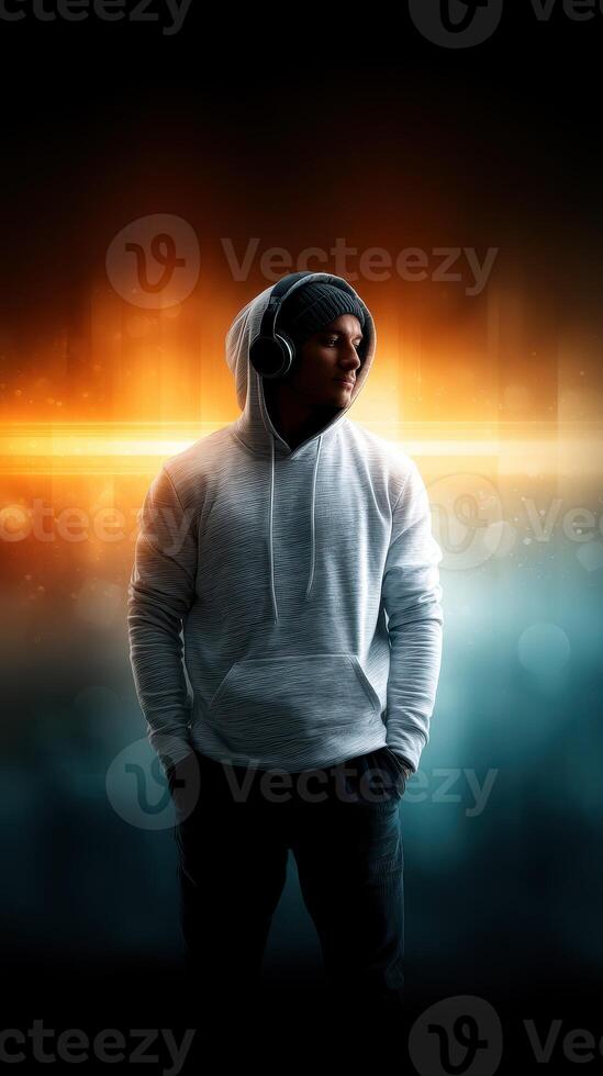 Young man in a hoodie and headphones stands confidently against a dynamic light background photo