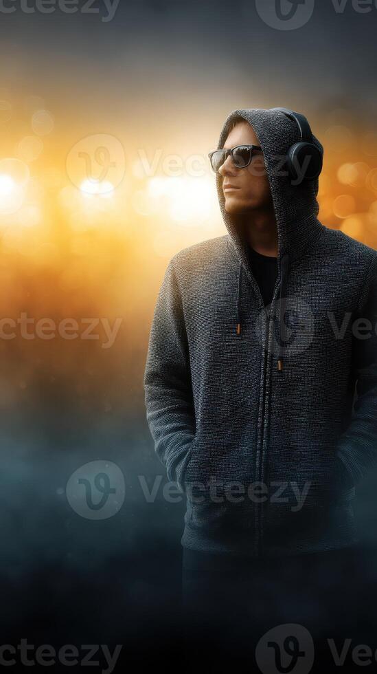 Man in hoodie enjoys music with headphones against a vibrant evening backdrop filled with warm lights photo