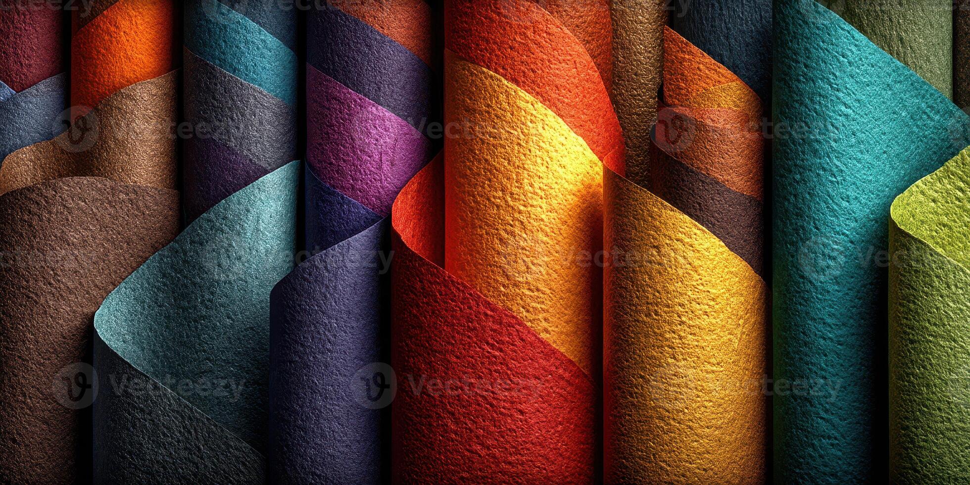 Colorful rolled papers arranged in a vibrant display showcasing various textures and hues in an artistic setting photo