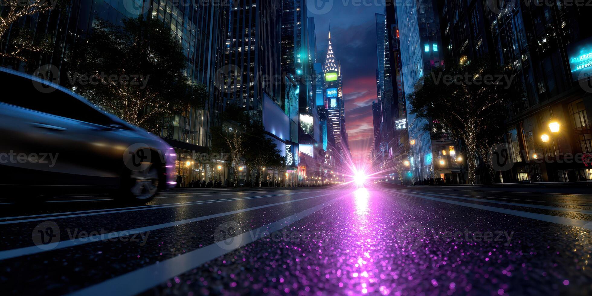 Vibrant city street under evening sky with prominent skyscrapers and dynamic lights photo
