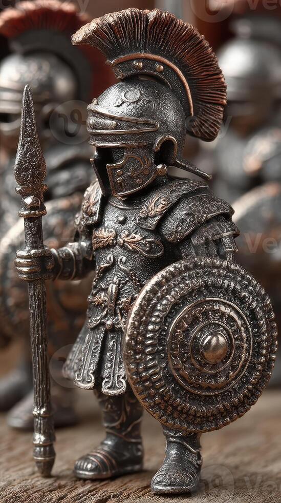 Detailed metal warrior figurine stands with spear and shield, showcasing intricate craftsmanship and historical design elements in a close-up view photo