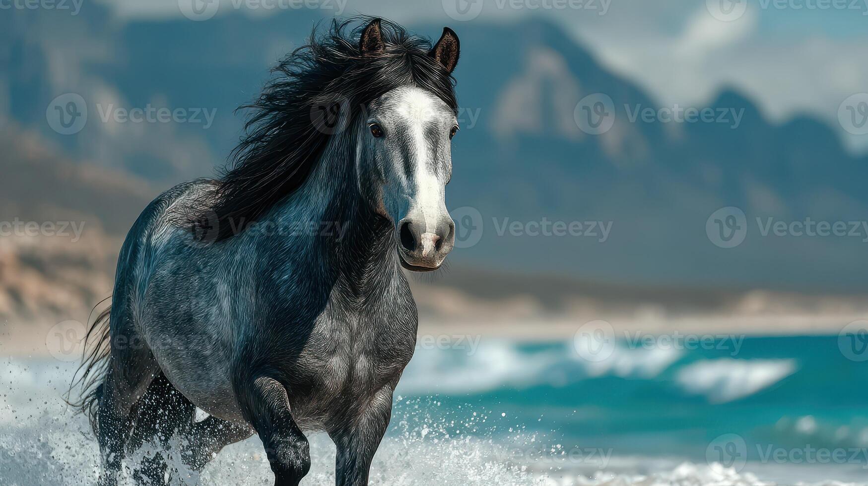 Majestic horse galloping along a pristine beach on a sunny day near rocky cliffs photo