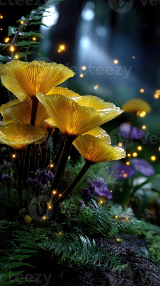 Vibrant yellow mushrooms glow softly in a forest illuminated by gentle magical lights at dusk photo