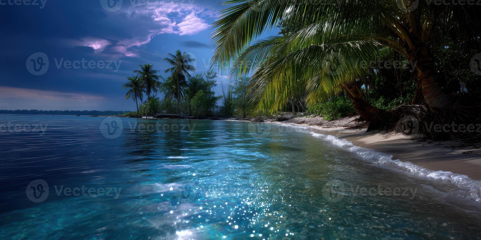 Serene tropical beach with palm trees and calm waters during twilight in an idyllic seaside location photo