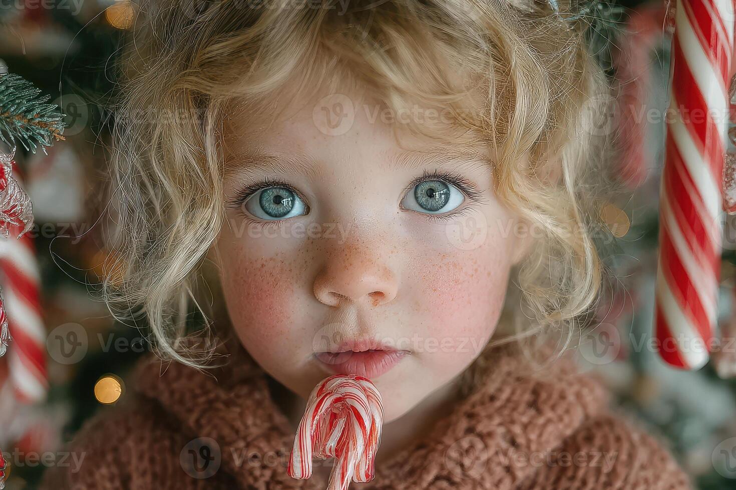 Young child enjoying a candy cane with a holiday backdrop of festive decorations photo