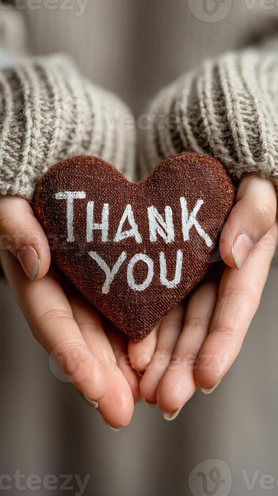 Heart-shaped thank you note held in hands with cozy sweater detail on display photo
